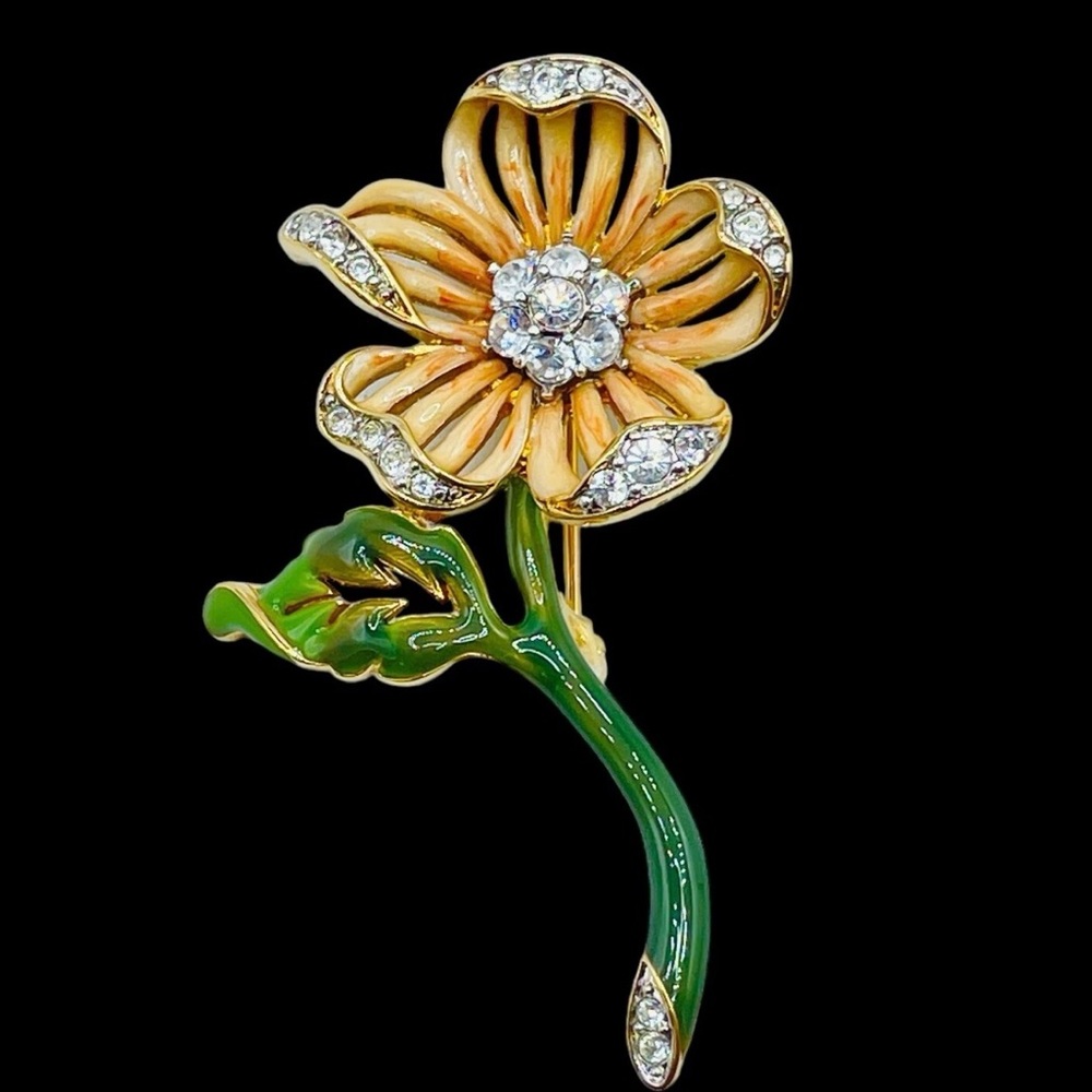 Vintage Nolan Miller Rhinestone & Enamel
Flower Floral Gold Tone Brooch 2.5"